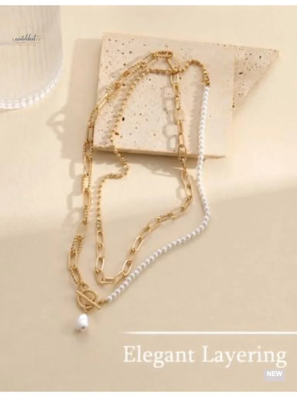 14K Gold Plated Pearl Link Toggle Clasp Stackable Layered Necklace